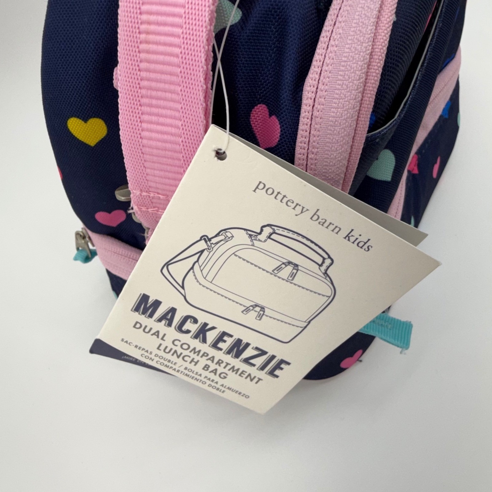 Nwt Pottery Barn Kids Mackenzie Dual Compartment Lunch Bag Navy Pink Multi Heart — image 2 of 6